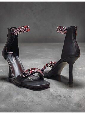 Black Heeled Sandals With Chain Details & Back Zipper Closure Square Toe Design